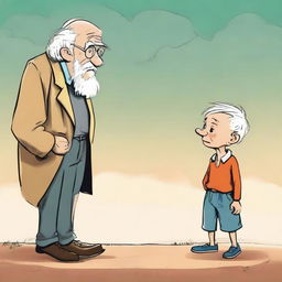 A vivid portrayal of the proverb 'Age is not maturity'. Render a wise young child standing beside an aged man acting childish, illustrating the idea that wisdom doesn't necessarily come with age.