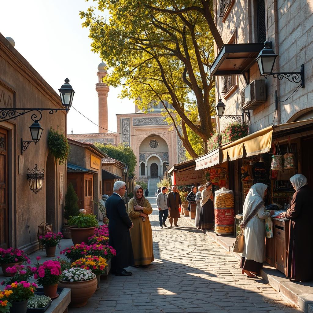 A vibrant and nostalgic scene of a traditional neighborhood in Qom, Iran, showcasing the street named Eram with charming old Persian architecture, cobblestone pathways, and colorful flower gardens