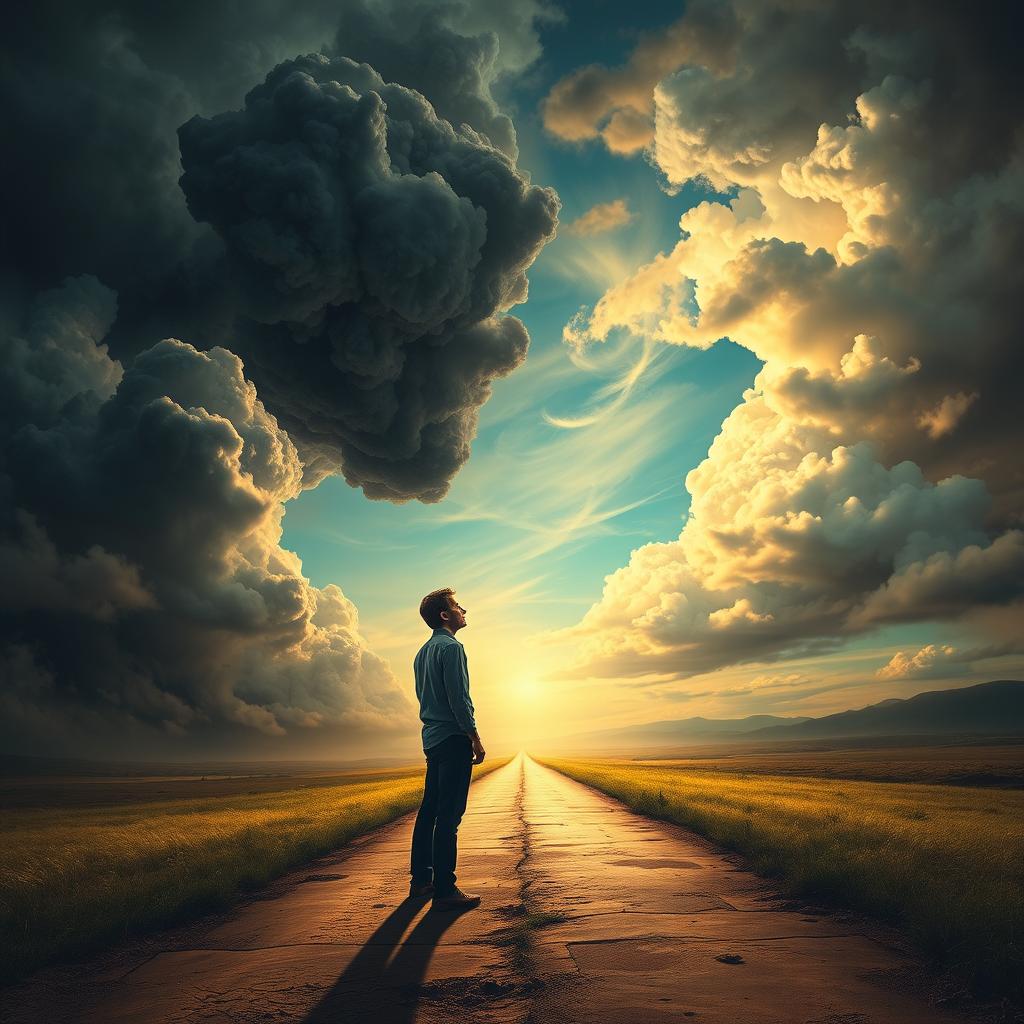 A powerful and thought-provoking image depicting a person standing at a crossroads, with one path leading into dark, ominous clouds symbolizing 'hell', and the other leading to a bright, serene landscape representing 'heaven'