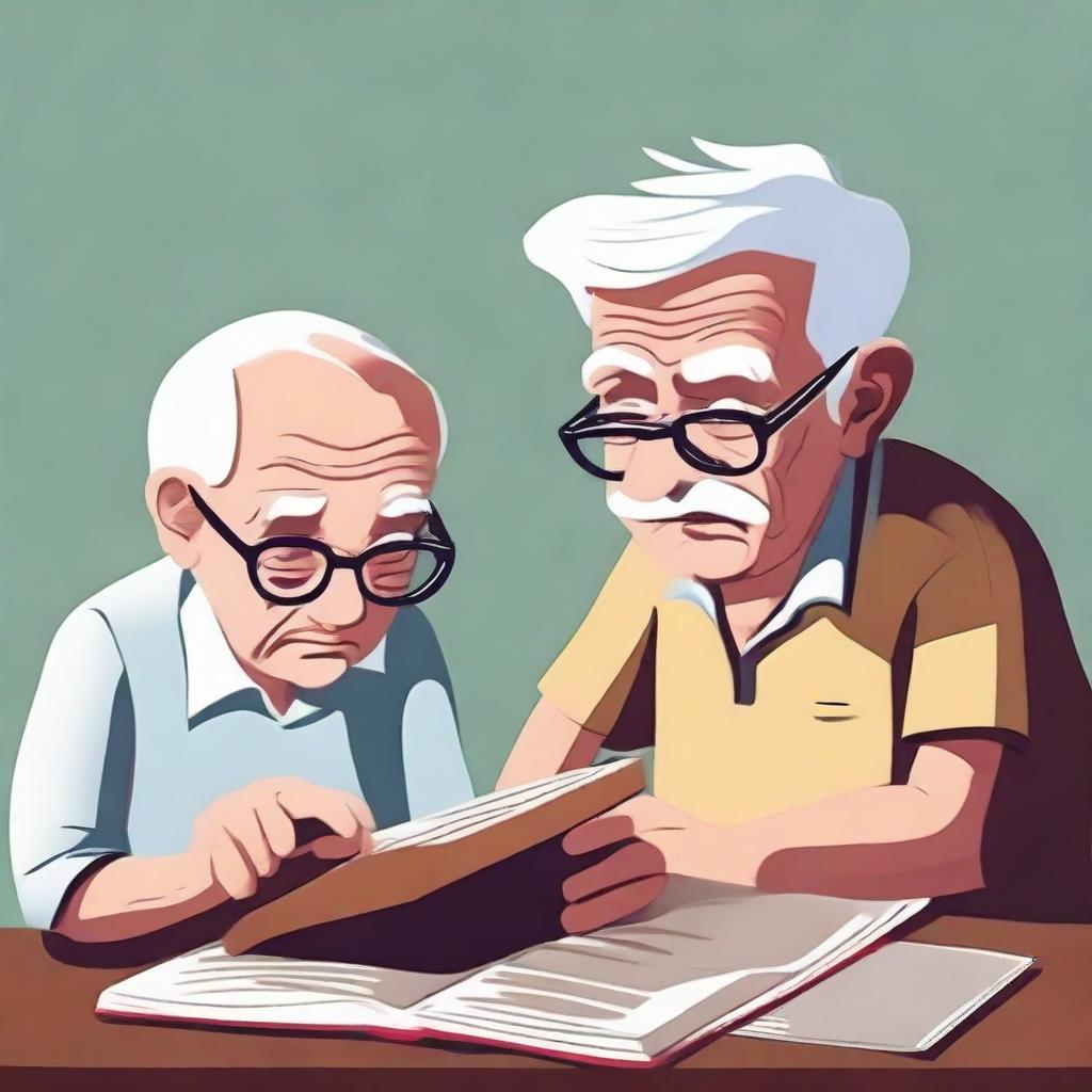 An illustrative representation of 'People's intellect isn't tied to their age'. Visually portray an eager elderly person learning from a book and a disinterested young individual ignoring one, denoting wisdom is not determined by age.