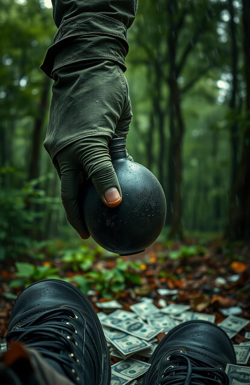 A close-up of a hand holding a bomb, set against a lush green forest backdrop
