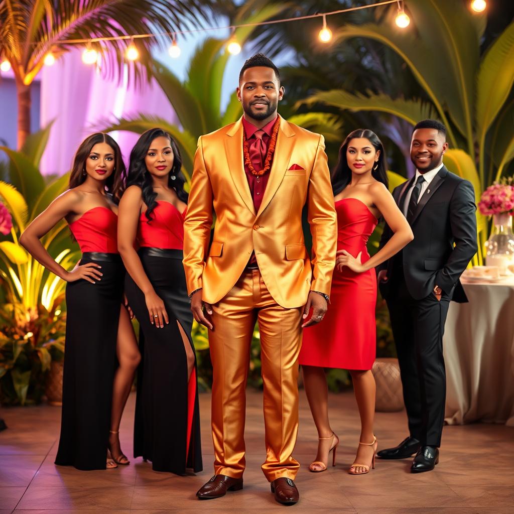 A dapper Tahitian man dressed in a luxurious golden suit, confidently posing at the center of the scene