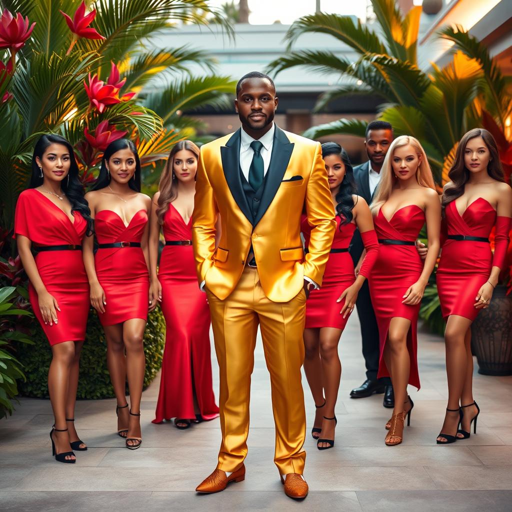 A charismatic Tahitian man in an exquisite golden suit, standing confidently at the center of the frame