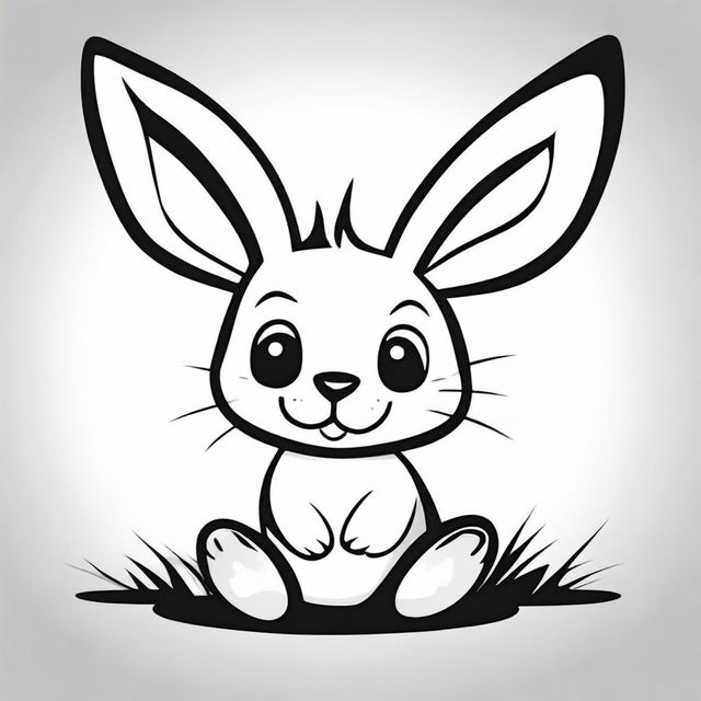 A cute, cartoon-style vector illustration of a rabbit, designed for children, in monochromatic black and white.