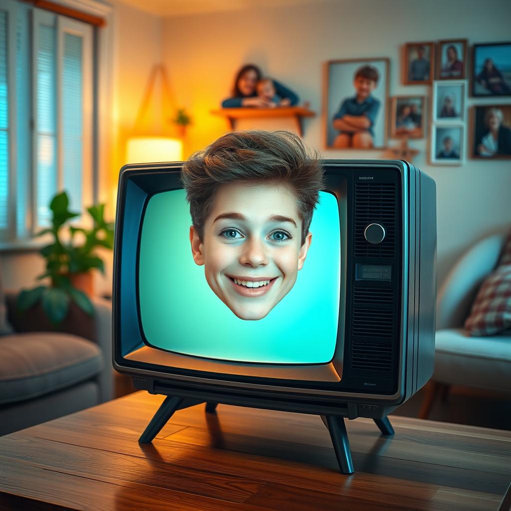 A surreal scene depicting a person's head seamlessly integrated into a vintage television screen