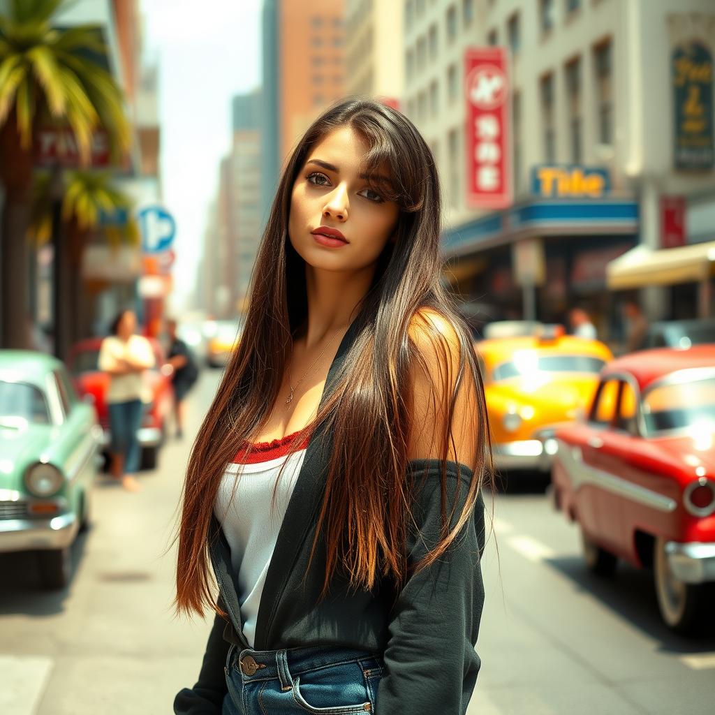 A beautiful 20-year-old Caucasian American woman, tall and elegant, with long straight brunette hair styled in a blunt cut