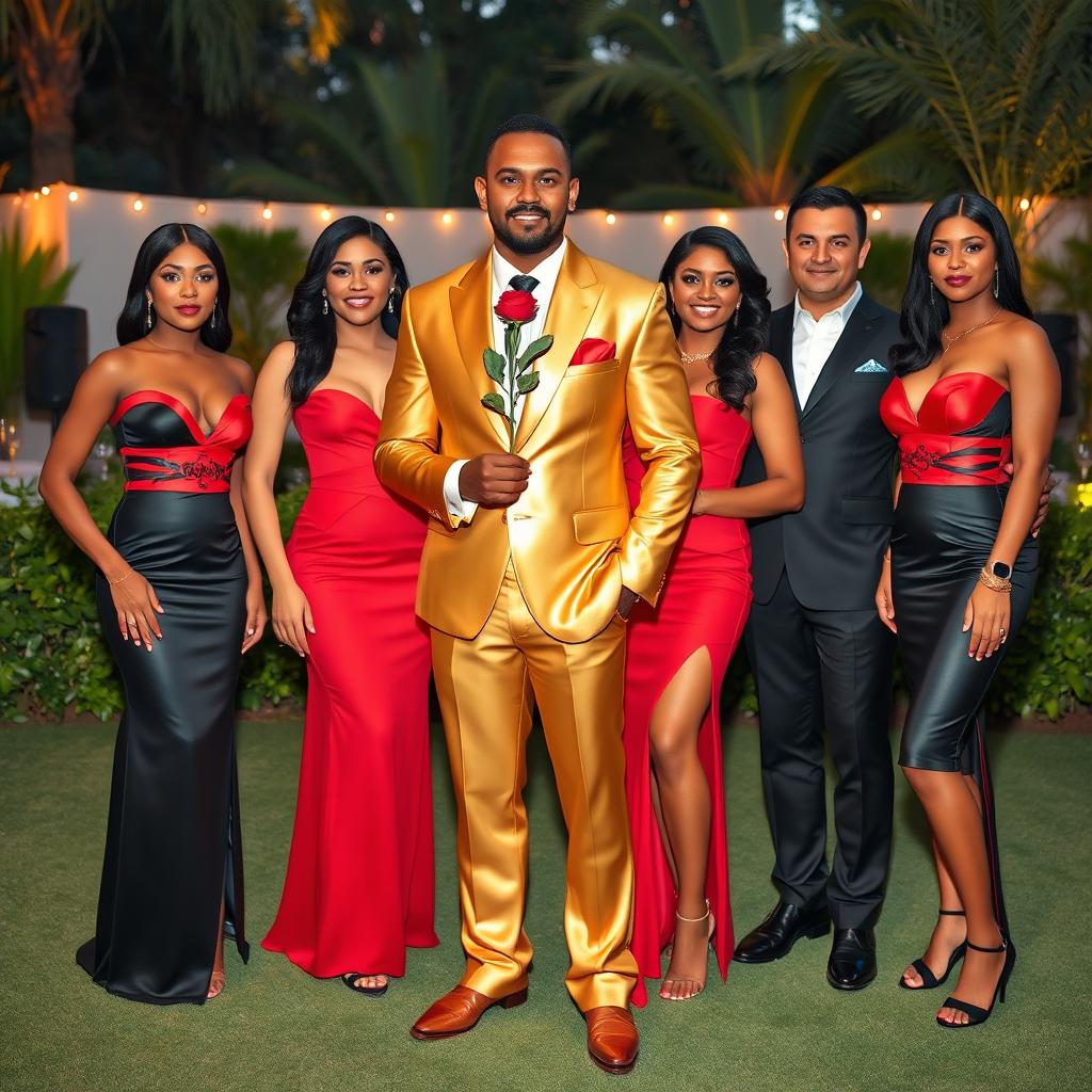 A distinguished Tahitian man in a striking golden suit, gracefully holding a single rose