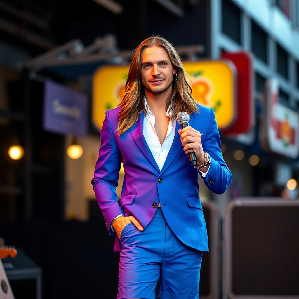A stylish man with long hair, dressed in a vibrant blue outfit consisting of a smart blazer and matching bermuda shorts