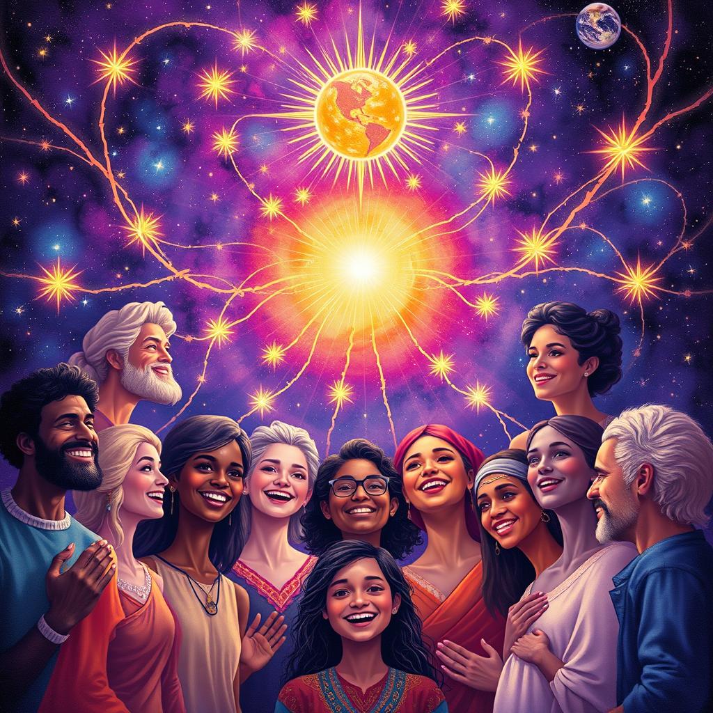 A vibrant, cosmic scene depicting universal love, featuring a diverse group of people from various cultures and backgrounds, interconnected by strands of bright, swirling energy