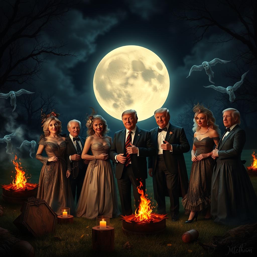 An imaginative and fantastical scene depicting a Walpurgis Night celebration, featuring a group of individuals in elegant costumes reminiscent of a gala