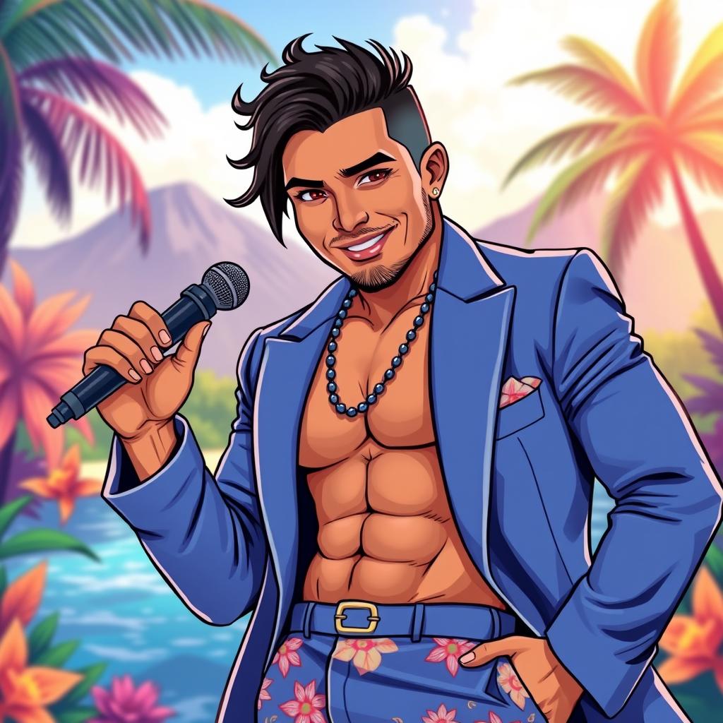 A vibrant illustration of a Tahitian man with black hair, dressed in a stylish outfit featuring a blue blazer and matching bermuda shorts