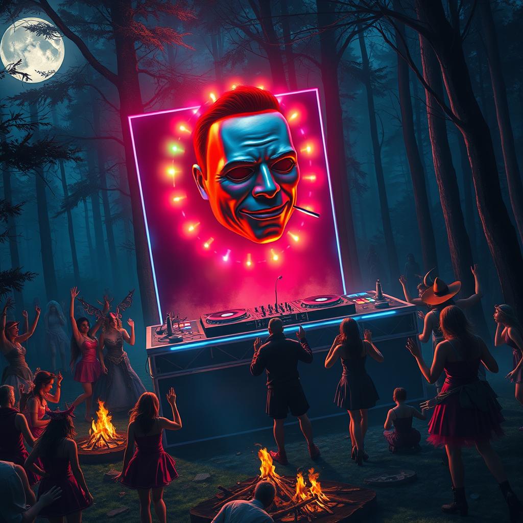 A surreal and vibrant scene depicting a Walpurgis Night celebration, featuring a DJ booth illuminated with colorful lights