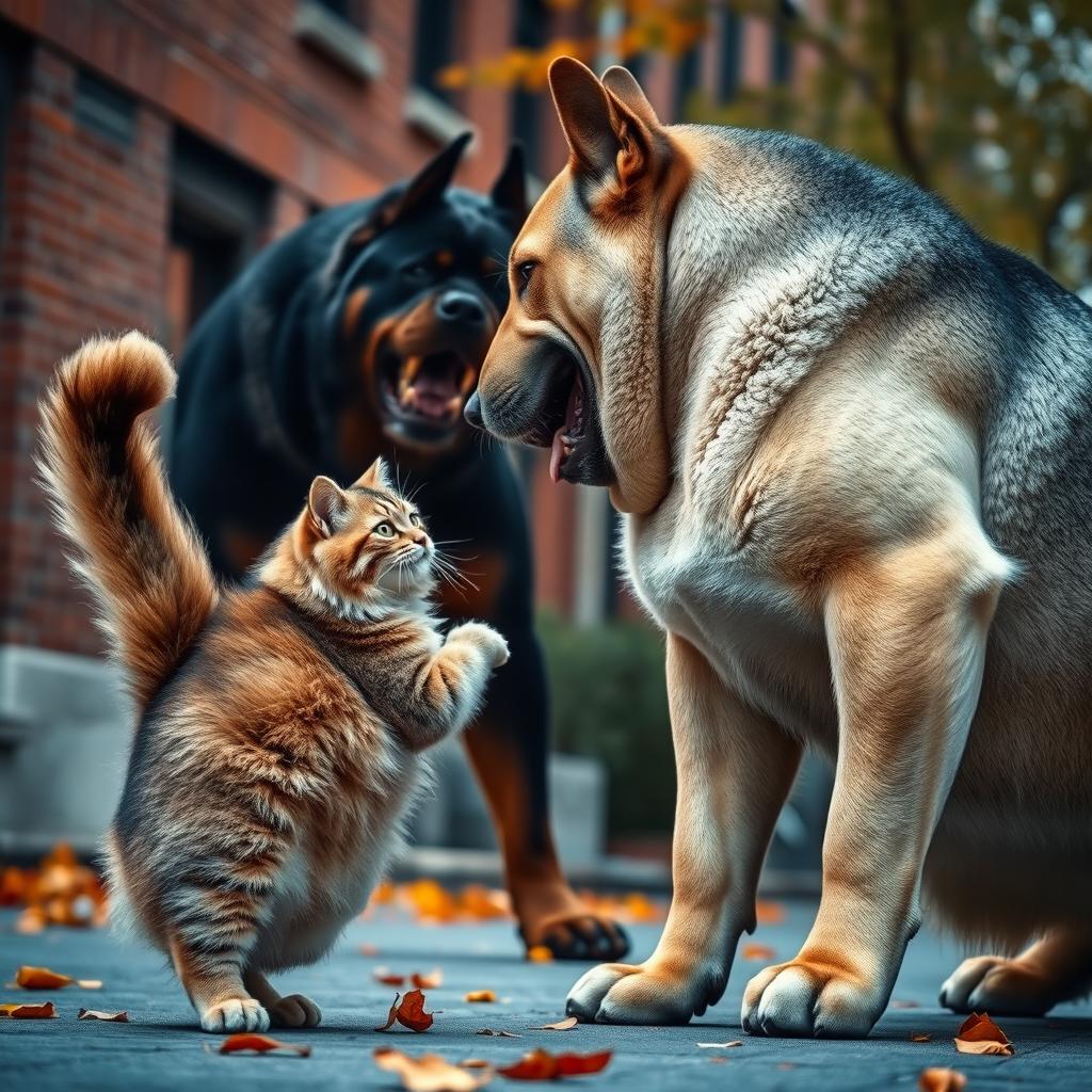A brave cat fearlessly confronting a gigantic dog in an epic showdown