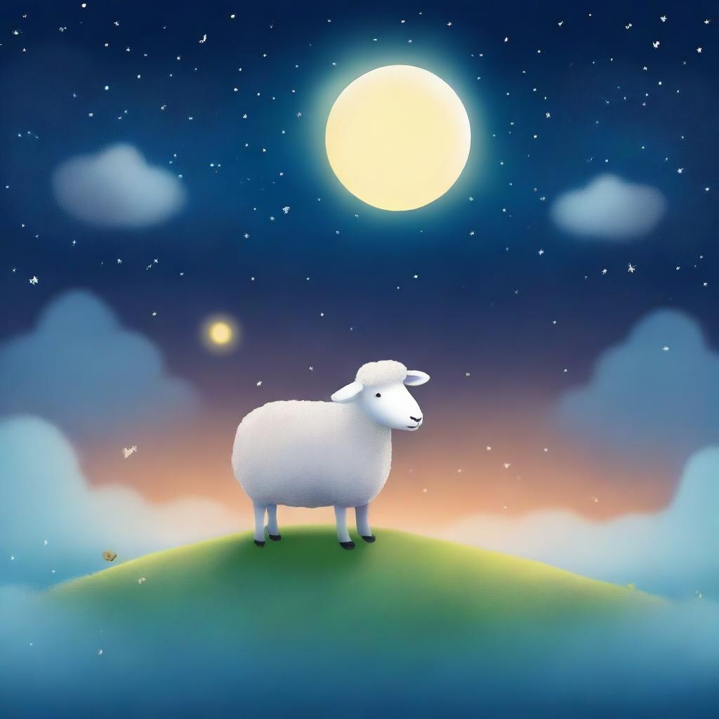 A high-quality digital art image designed as a book cover, featuring a simple, charming sheep set against the backdrop of a serene night sky