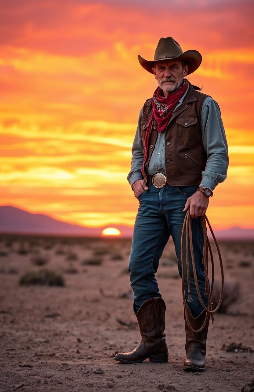 A rugged Western cowboy standing tall in a vast desert landscape, wearing a classic leather hat, a weathered bandana around his neck, and sturdy cowboy boots