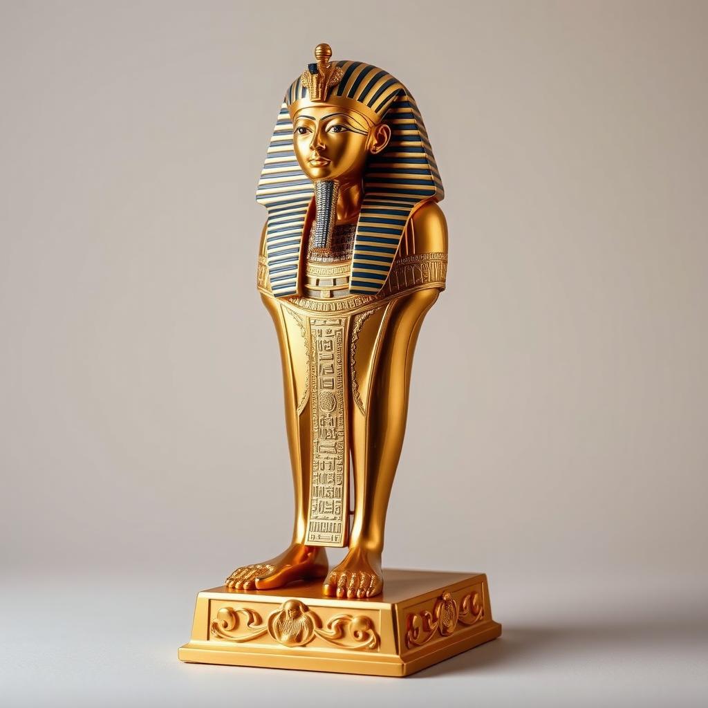 A magnificent full-body gold statuette of Tutankhamun, showcasing the pharaoh in intricate detail