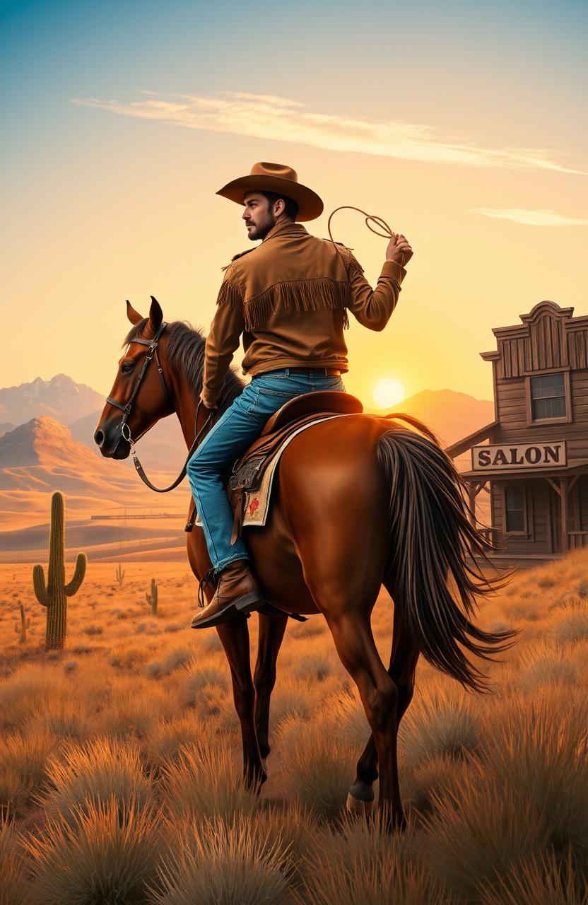 A vibrant and adventurous Western scene depicting a classic cowboy riding a majestic horse across the vast plains of the Wild West