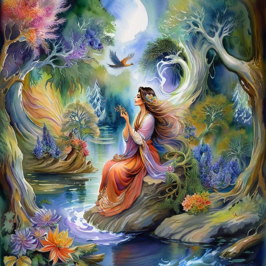 Mystical and spiritual watercolor painting of a beautiful Iranian woman sitting on a rock on a beautiful and peaceful pond in a dense forest with cypress trees, plane trees, grapevines, winding bonsai trees, and a whirlwind of colorful flowers and beautiful.