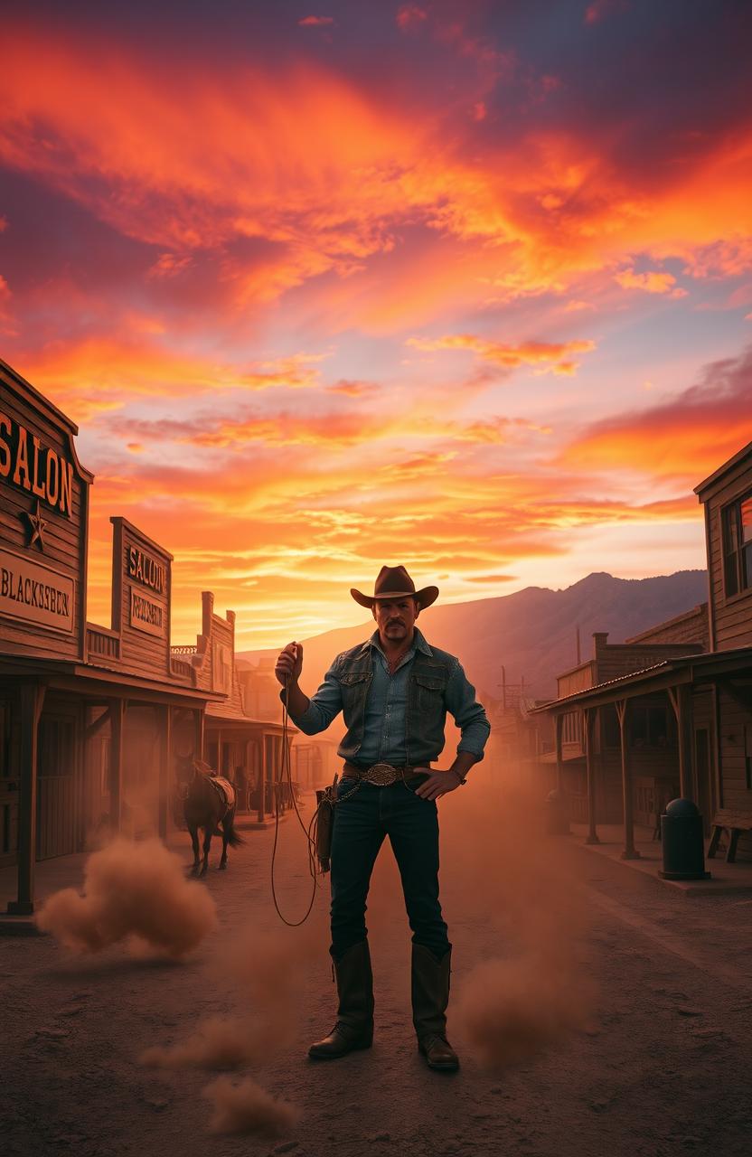 A vibrant and dramatic Western scene depicting a dusty frontier town at sunset