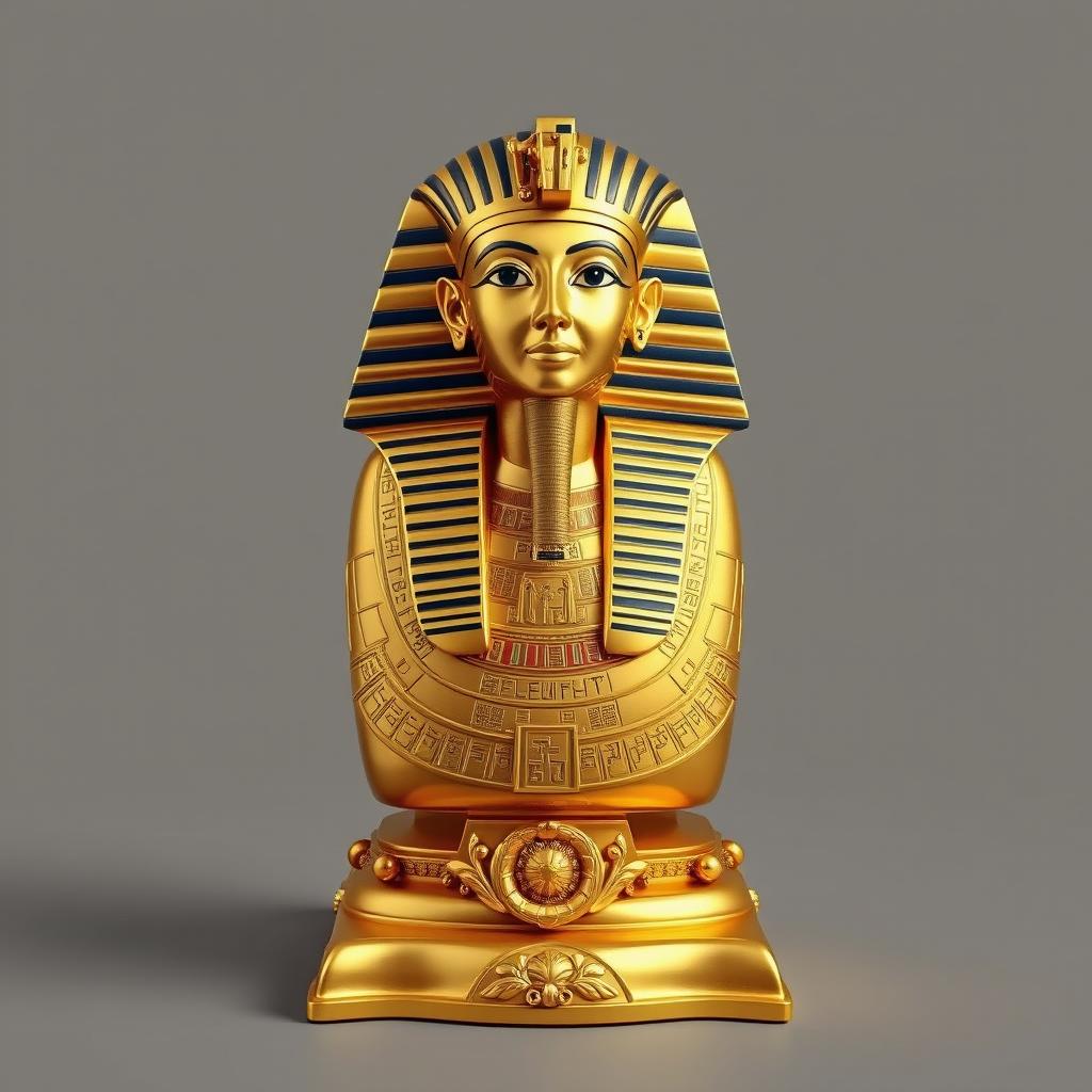 A captivating full-body gold statuette of Tutankhamun, meticulously designed and presented from a frontal view