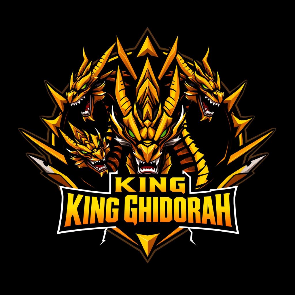 A villainous logo design inspired by King Ghidorah, featuring the powerful three-headed dragon with fiery yellows and metallic gold accents, surrounded by sharp angular shapes portraying a sense of chaos and menace