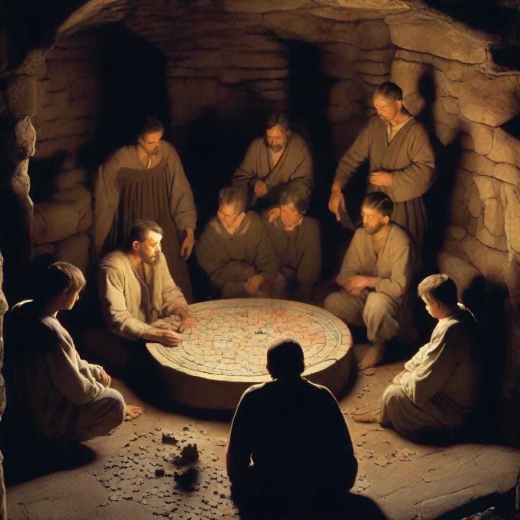 In the dimly lit basement of an ancient castle, prisoners sitting on a circular stone table are immersed in assembling a complex jigsaw puzzle.