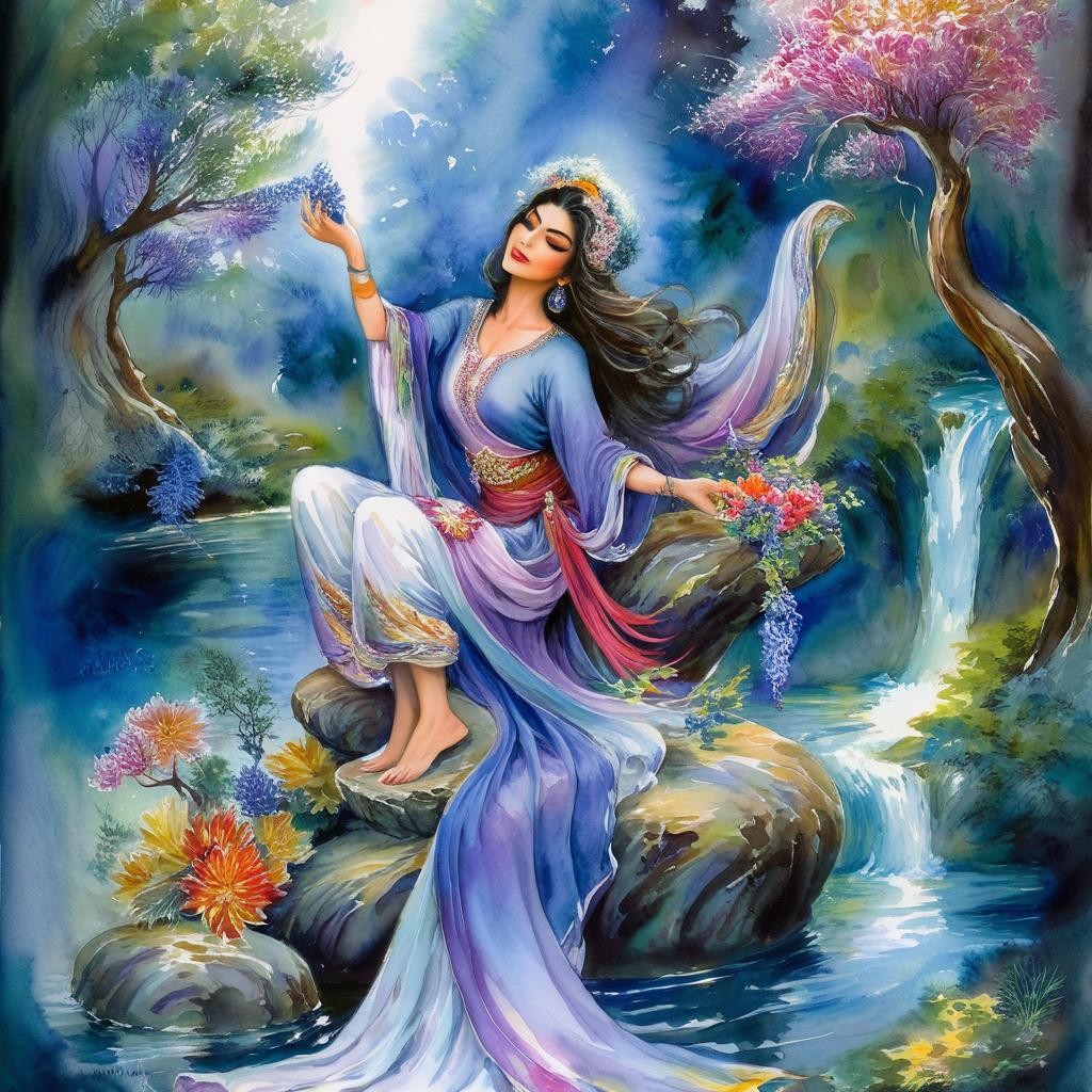 Mystical and spiritual watercolor painting of a beautiful Iranian woman sitting on a rock on a beautiful and peaceful pond in a dense forest with cypress trees, plane trees, grapevines, winding bonsai trees, and a whirlwind of colorful flowers and beautiful.