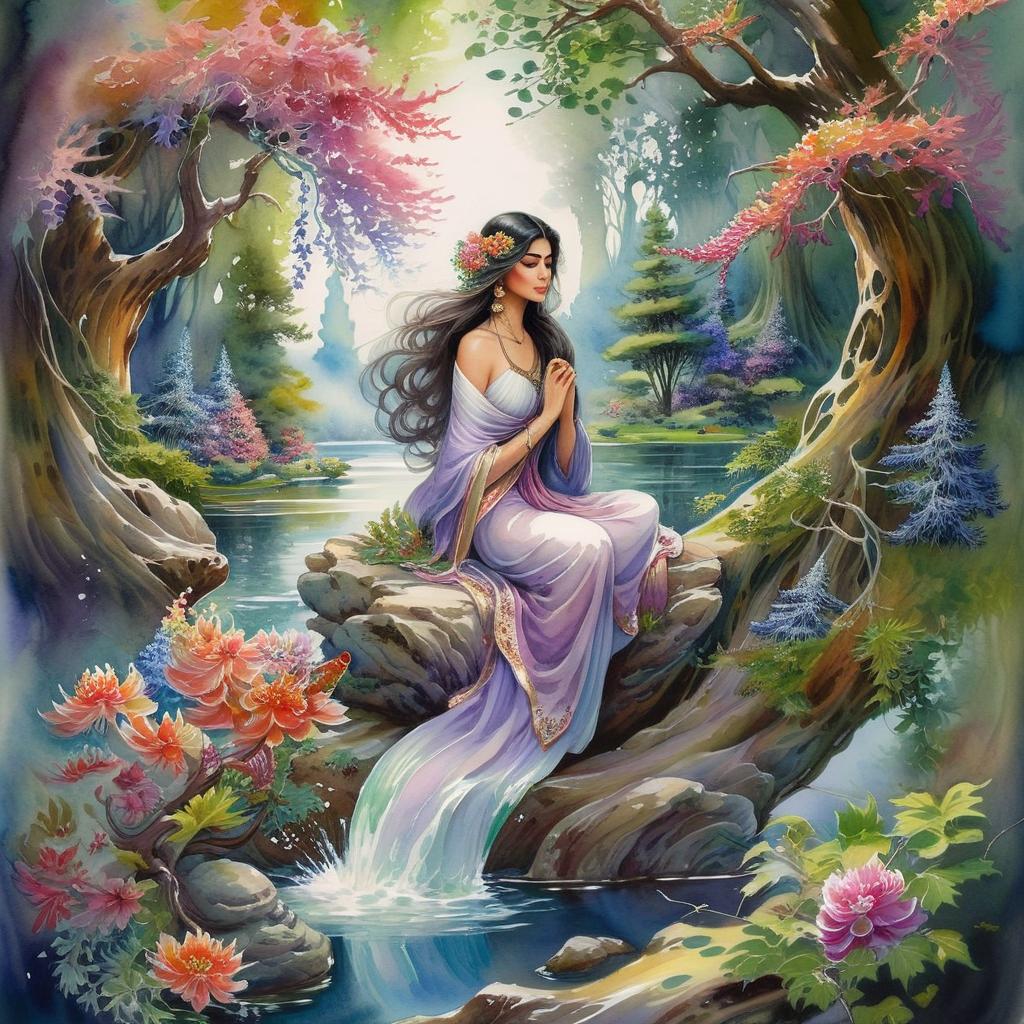 Mystical and spiritual watercolor painting of a beautiful Iranian woman sitting on a rock on a beautiful and peaceful pond in a dense forest with cypress trees, plane trees, grapevines, winding bonsai trees, and a whirlwind of colorful flowers and beautiful.