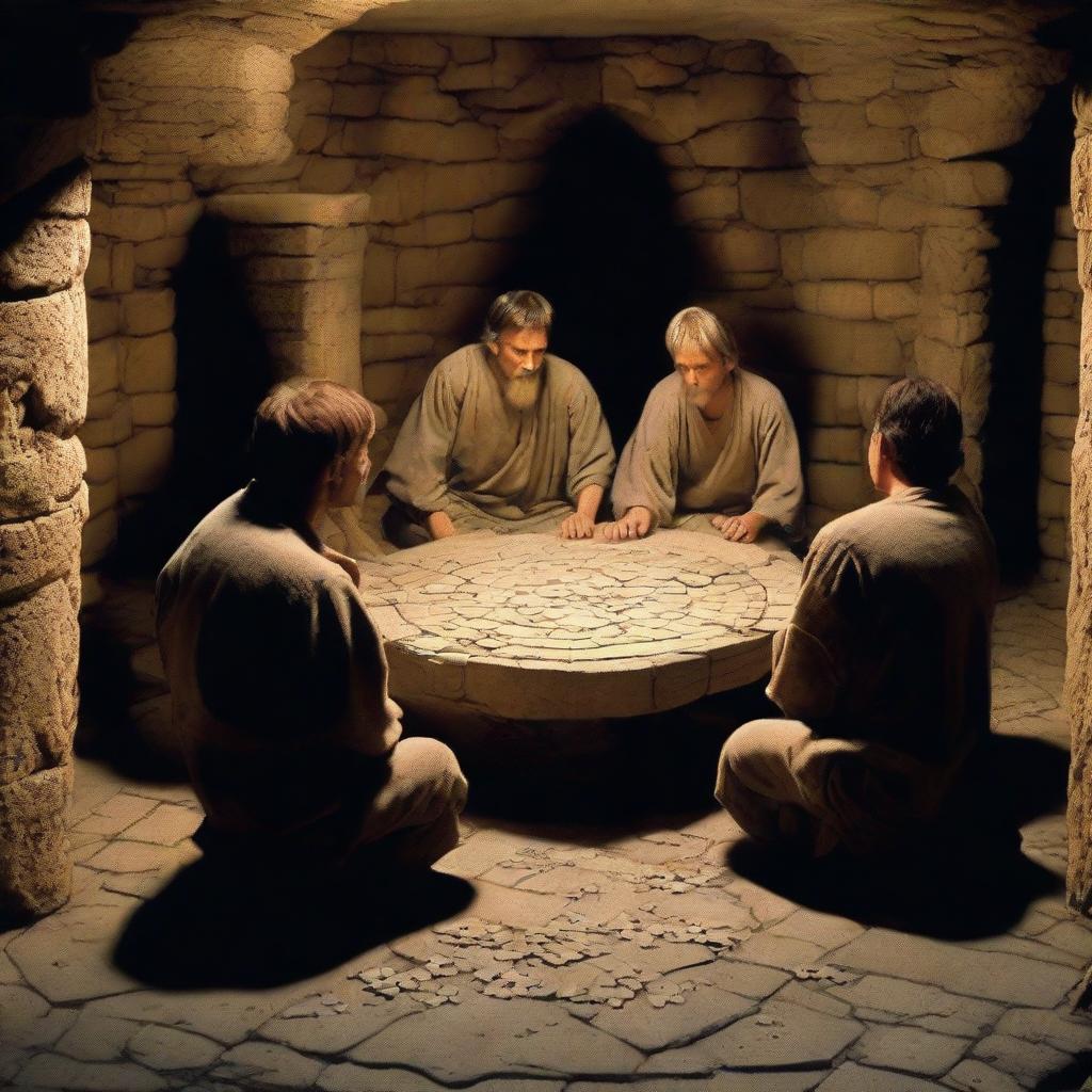 In the dimly lit basement of an ancient castle, prisoners sitting on a circular stone table are immersed in assembling a complex jigsaw puzzle.