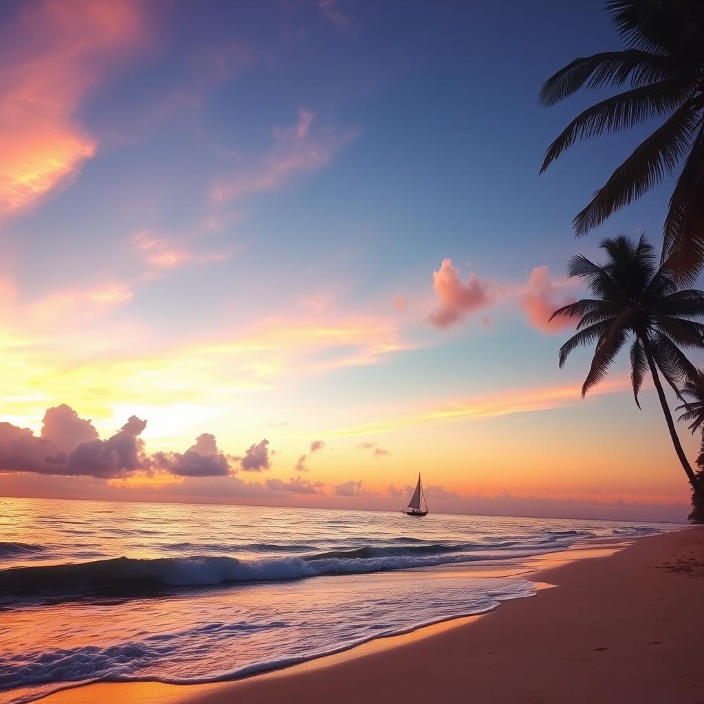 A serene beach landscape at sunset, featuring soft waves washing onto the sandy shore