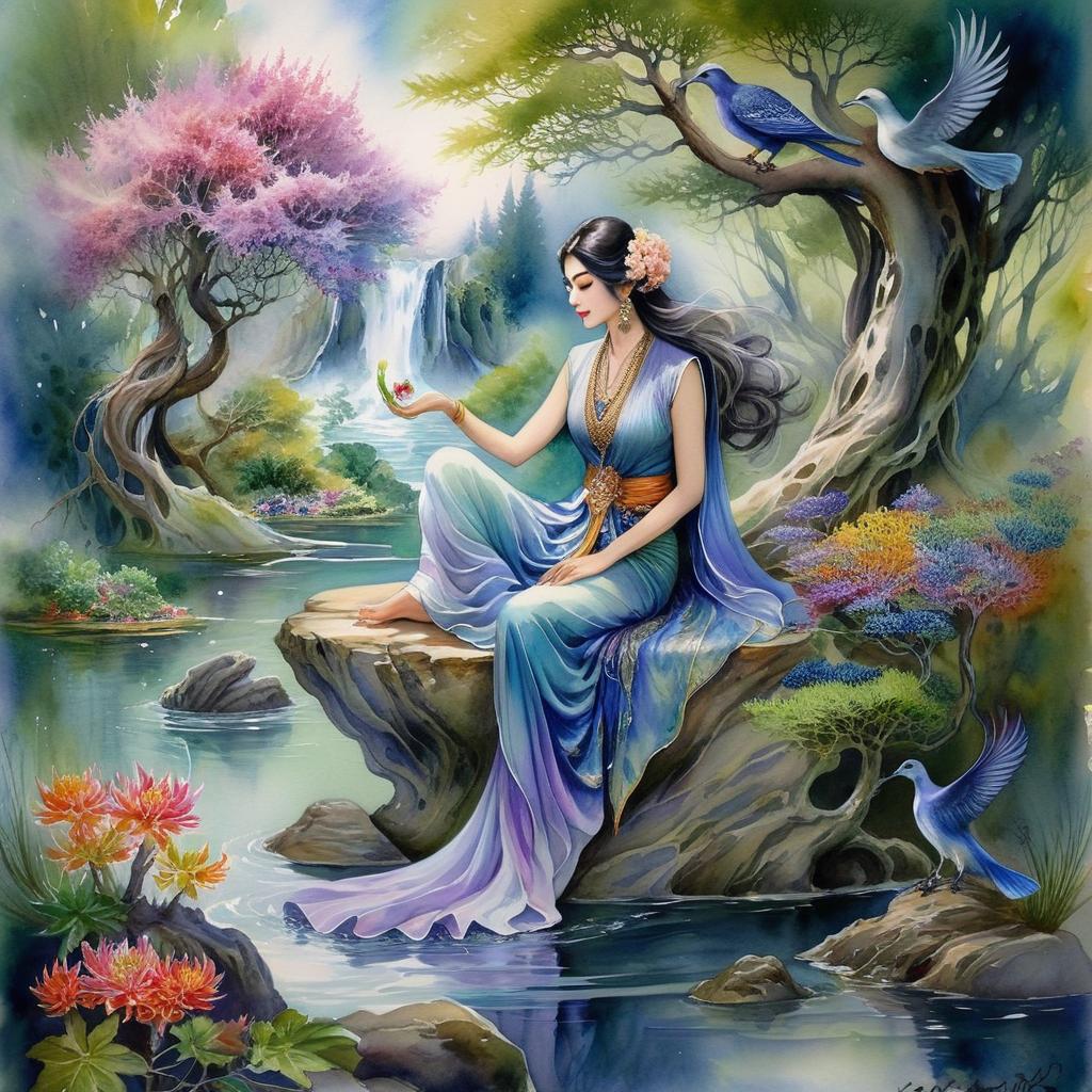 Mystical and spiritual watercolor painting of a beautiful Iranian woman sitting on a rock on a beautiful and peaceful pond in a dense forest with cypress trees, plane trees, grapevines, winding bonsai trees, and a whirlwind of colorful flowers and beautiful.