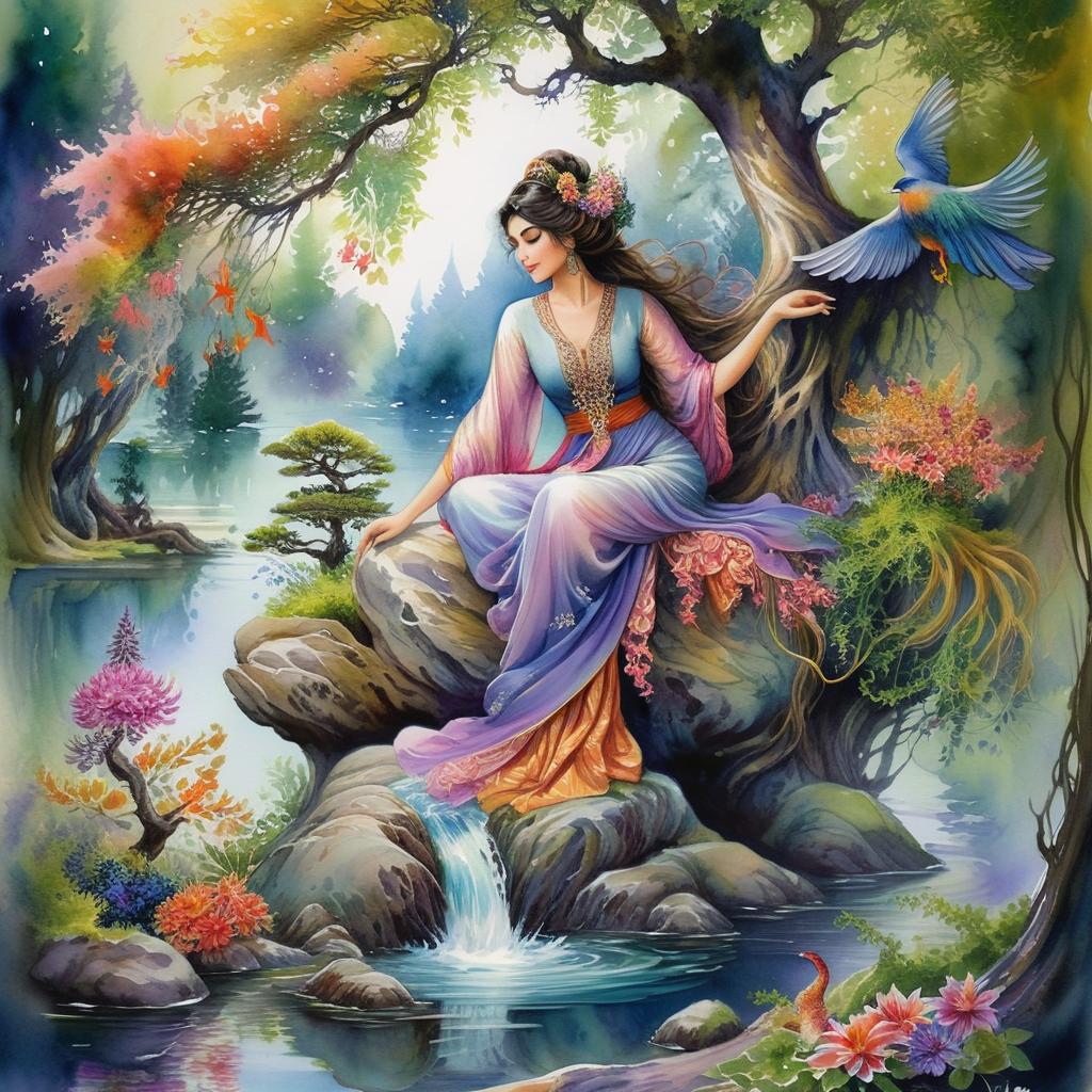Mystical and spiritual watercolor painting of a beautiful Iranian woman sitting on a rock on a beautiful and peaceful pond in a dense forest with cypress trees, plane trees, grapevines, winding bonsai trees, and a whirlwind of colorful flowers and beautiful.