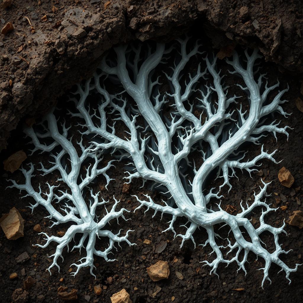 A highly detailed and realistic illustration of mushroom mycelium, showcasing its intricate network of white, thread-like structures spread across rich, dark soil