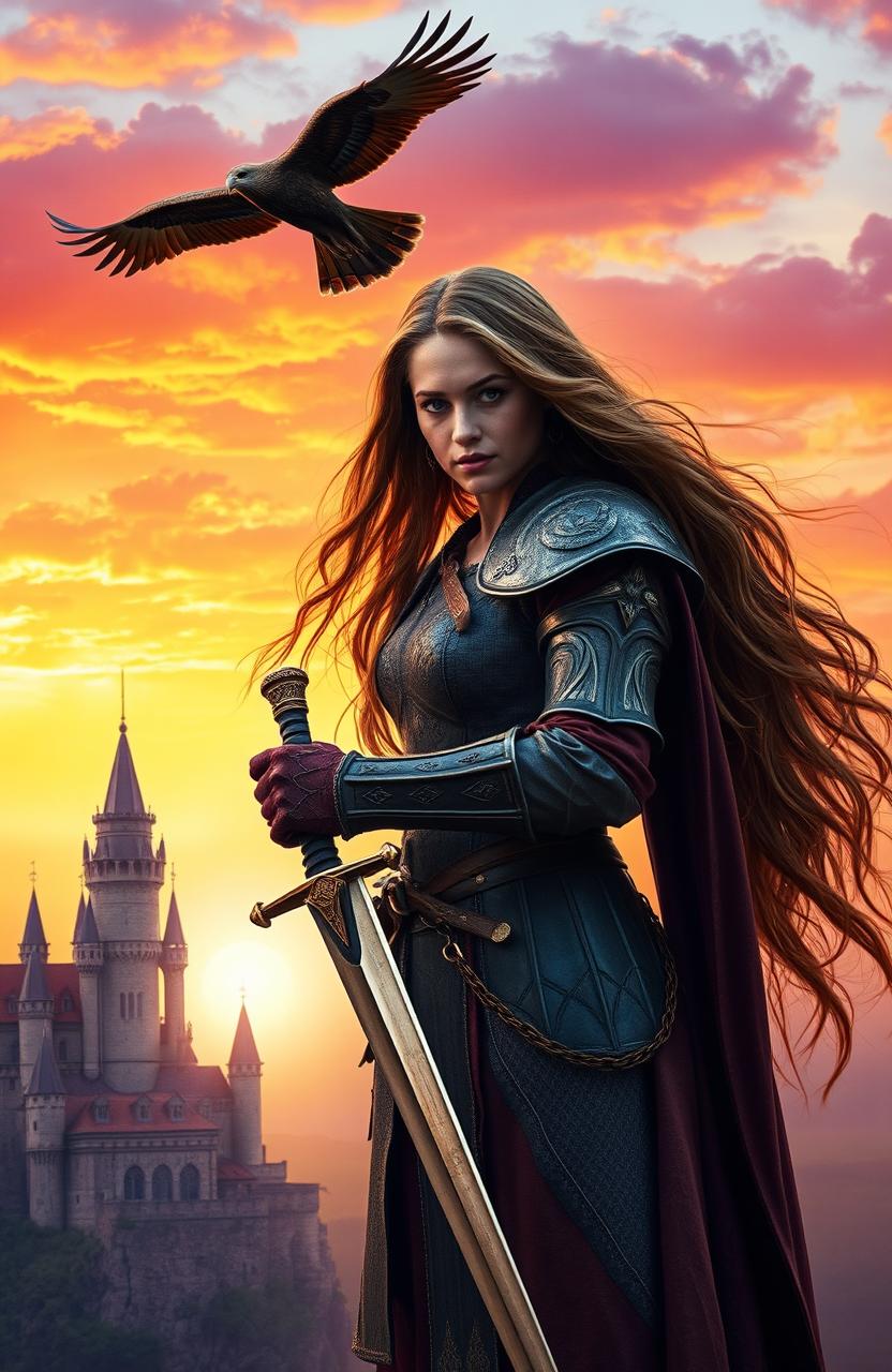 A stunning fantasy scene inspired by the movie Ladyhawke featuring a beautiful woman with long flowing hair, dressed in medieval armor, standing on a cliff at sunset