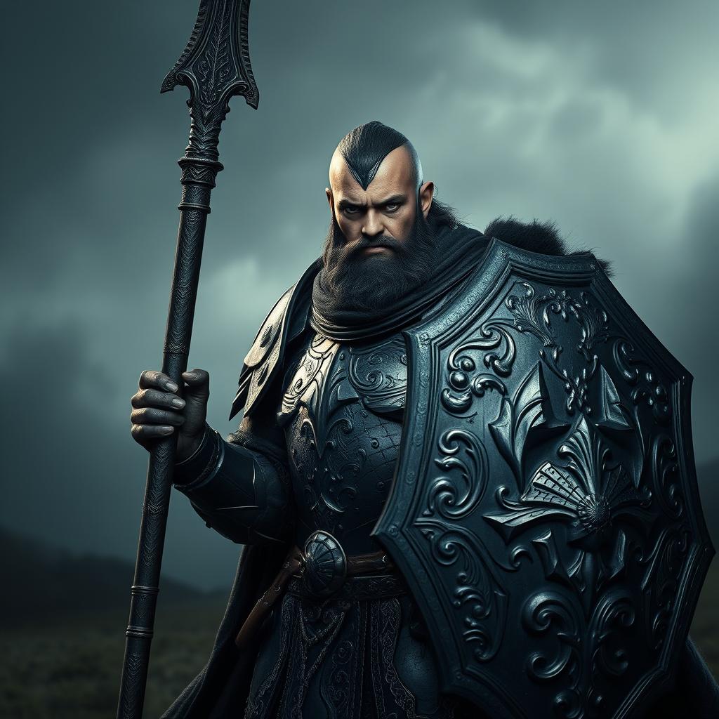 A fierce Umbral human male warrior, clad in intricately designed full plate armor that glistens in shades of deep black and dark silver, symbolizing shadows and mystery