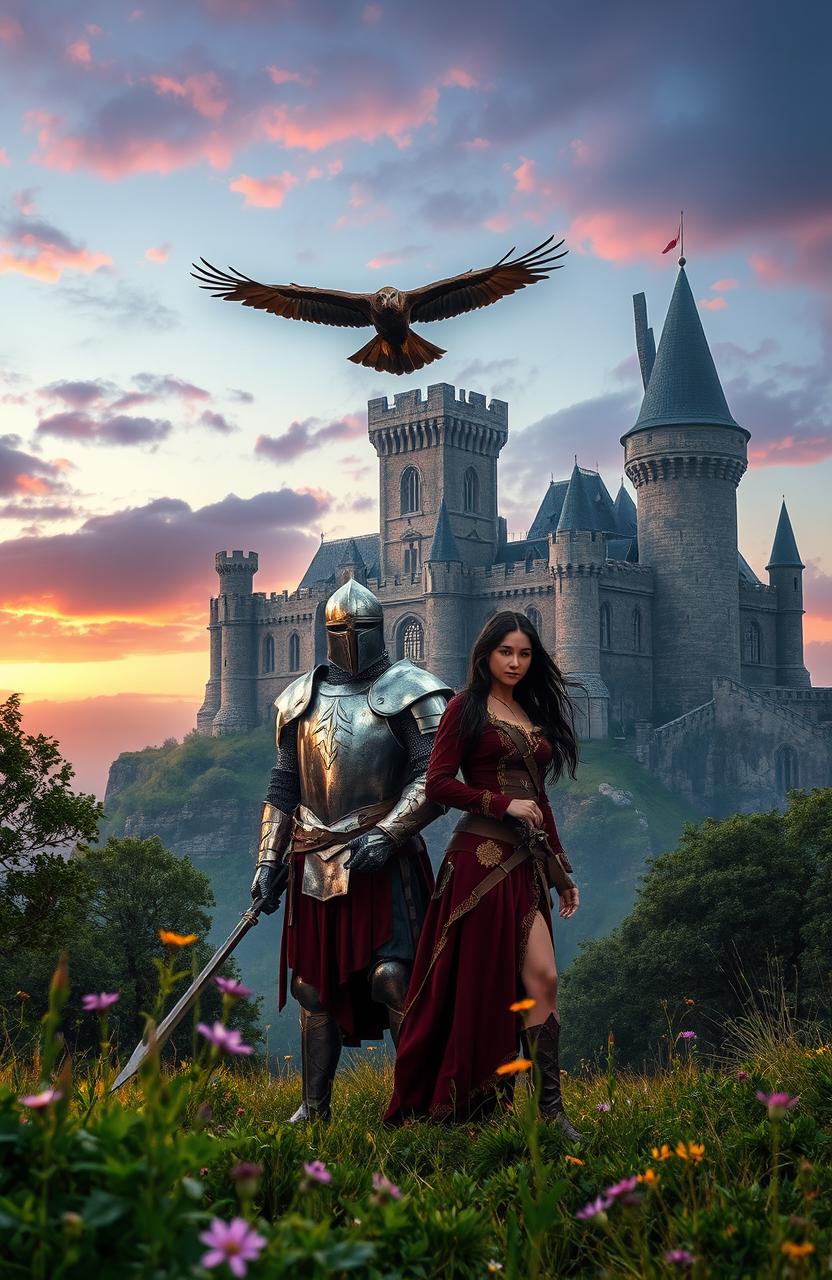 A mystical landscape showcasing a majestic castle set against a twilight sky, inspired by the film 'Ladyhawke'