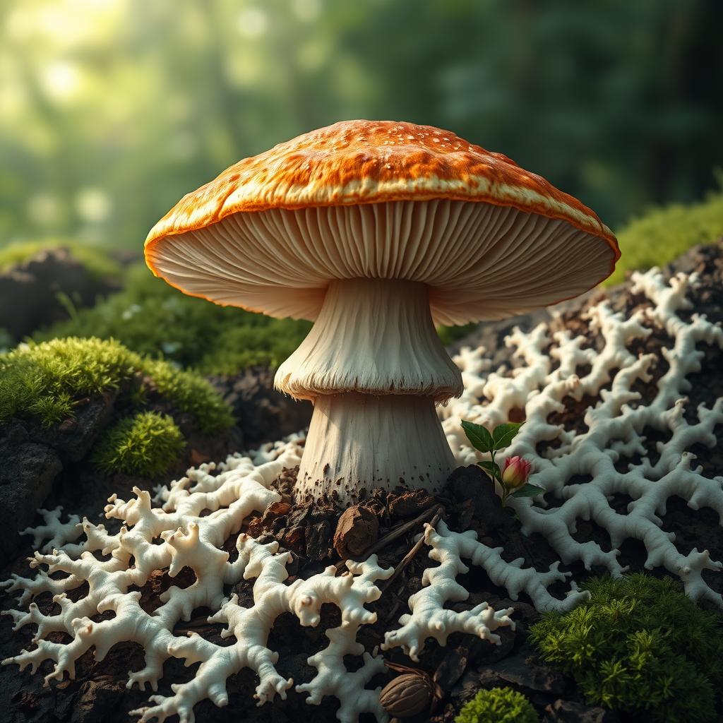 A highly detailed and realistic illustration of a mushroom accompanied by its mycelium