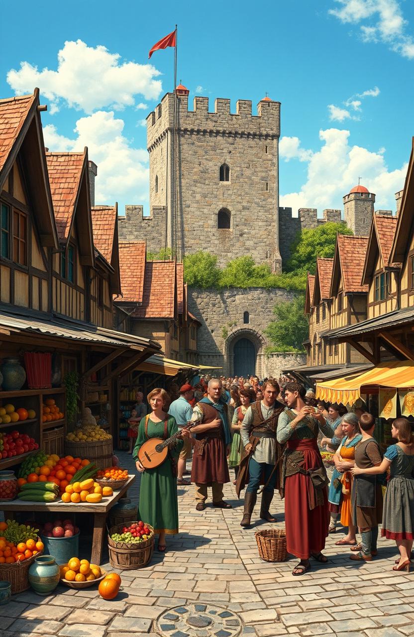 A detailed medieval scene depicting a bustling market square in a medieval village