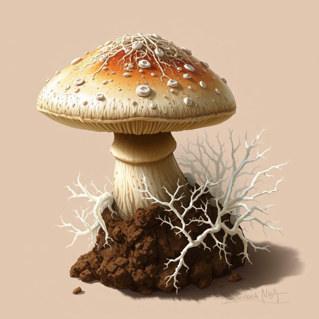 A realistic 2D drawing of a mushroom alongside its mycelium