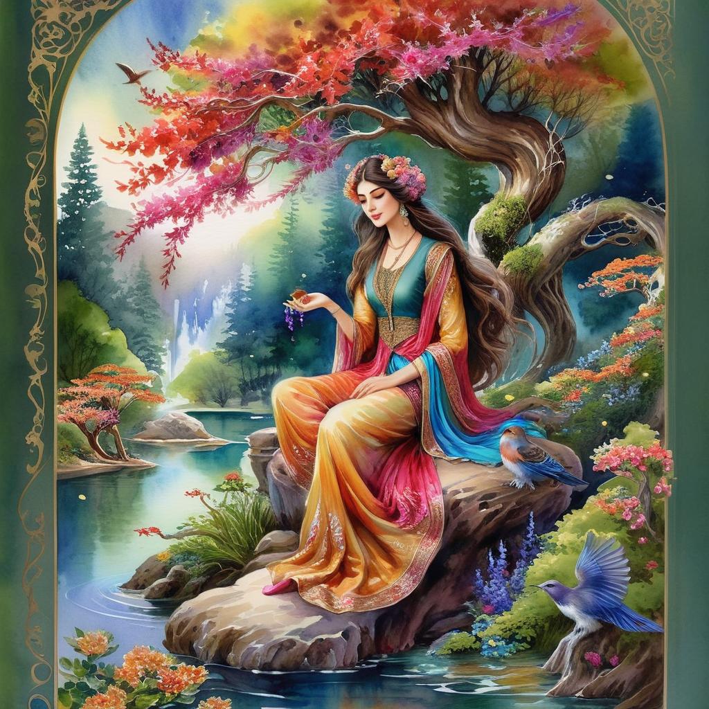 Mystical and spiritual watercolor painting of a beautiful Iranian woman sitting on a rock on a beautiful and peaceful pond in a dense forest with cypress trees, plane trees, grapevines, winding bonsai trees, and a whirlwind of colorful flowers and beautiful.