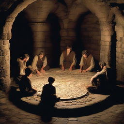 In the dimly lit basement of an ancient castle, prisoners sitting on a circular stone table are immersed in assembling a complex jigsaw puzzle.