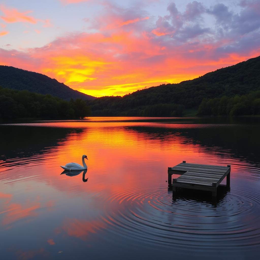 A serene landscape showcasing a vibrant sunset over a tranquil lake, surrounded by lush green trees and soft hills in the background