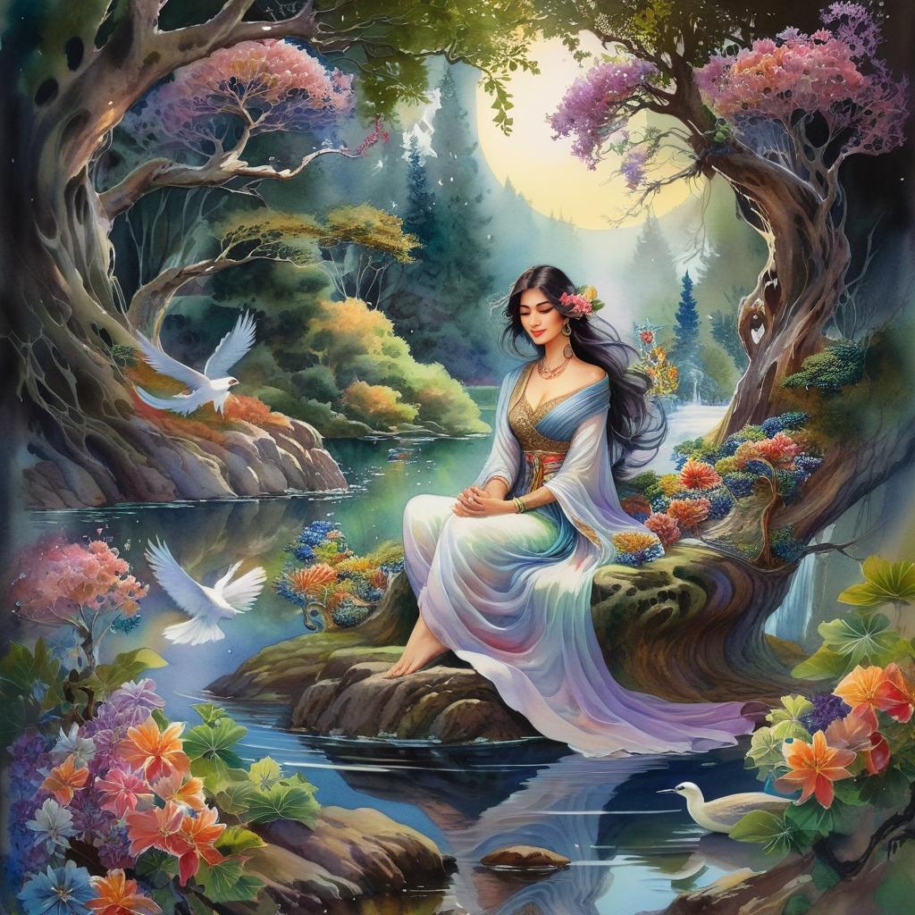 Mystical and spiritual watercolor painting of a beautiful Iranian woman sitting on a rock on a beautiful and peaceful pond in a dense forest with cypress trees, plane trees, grapevines, winding bonsai trees, and a whirlwind of colorful flowers and beautiful.