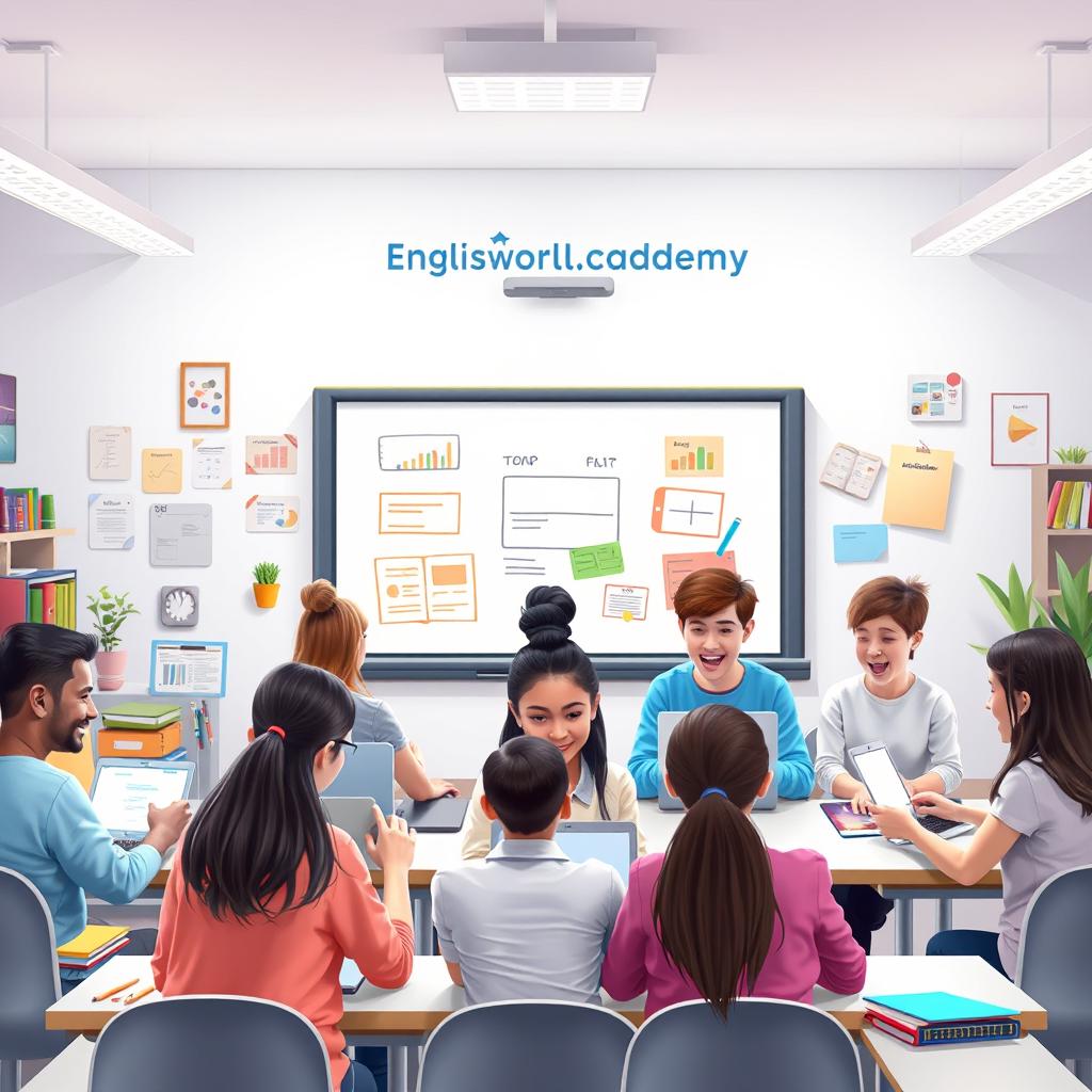 An artistic representation of an online educational platform called 'EnglishWorld
