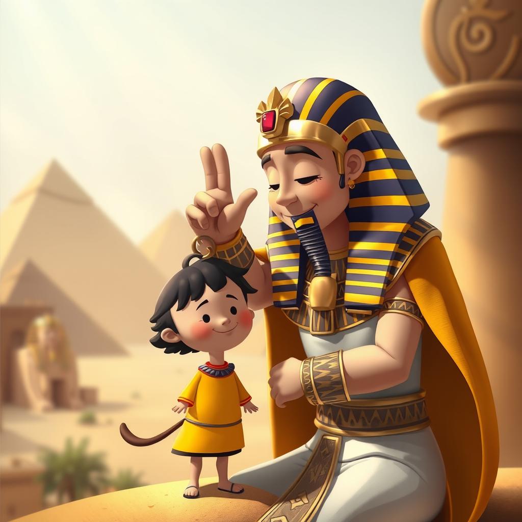 A whimsical scene depicting a pharaoh gracefully placing his hand on the head of a small, mischievous figure
