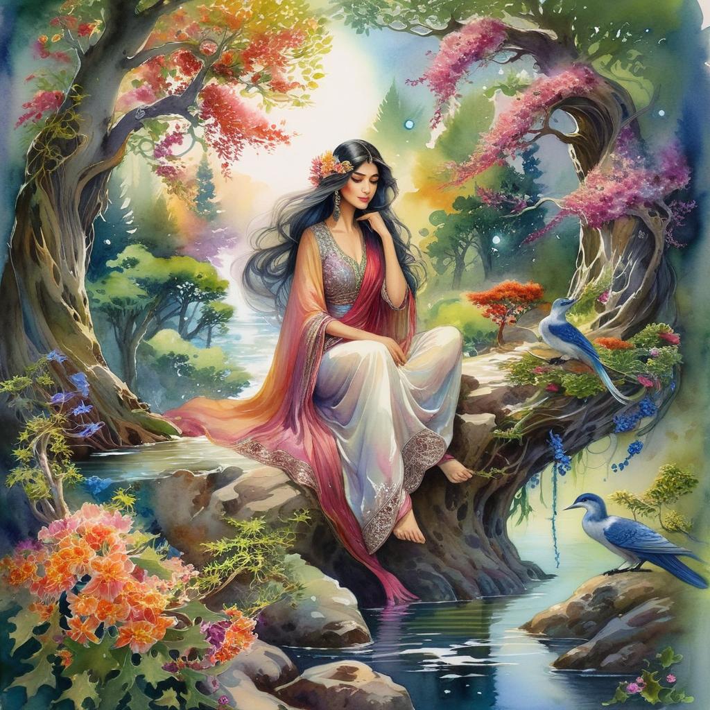 Mystical and spiritual watercolor painting of a beautiful Iranian woman sitting on a rock on a beautiful and peaceful pond in a dense forest with cypress trees, plane trees, grapevines, winding bonsai trees, and a whirlwind of colorful flowers and beautiful.