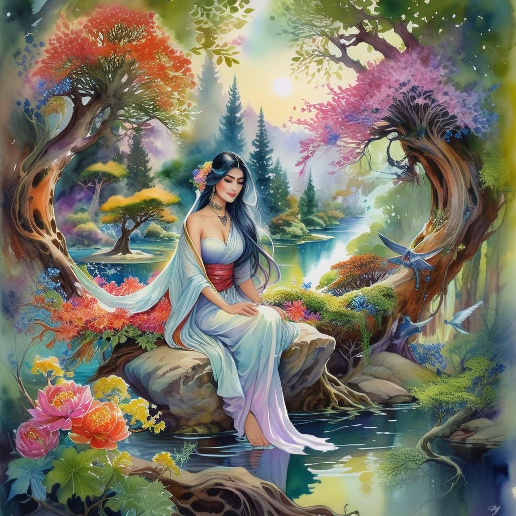 Mystical and spiritual watercolor painting of a beautiful Iranian woman sitting on a rock on a beautiful and peaceful pond in a dense forest with cypress trees, plane trees, grapevines, winding bonsai trees, and a whirlwind of colorful flowers and beautiful.