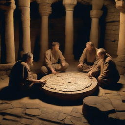 In the dimly lit basement of an ancient castle, prisoners sitting on a circular stone table are immersed in assembling a complex jigsaw puzzle.