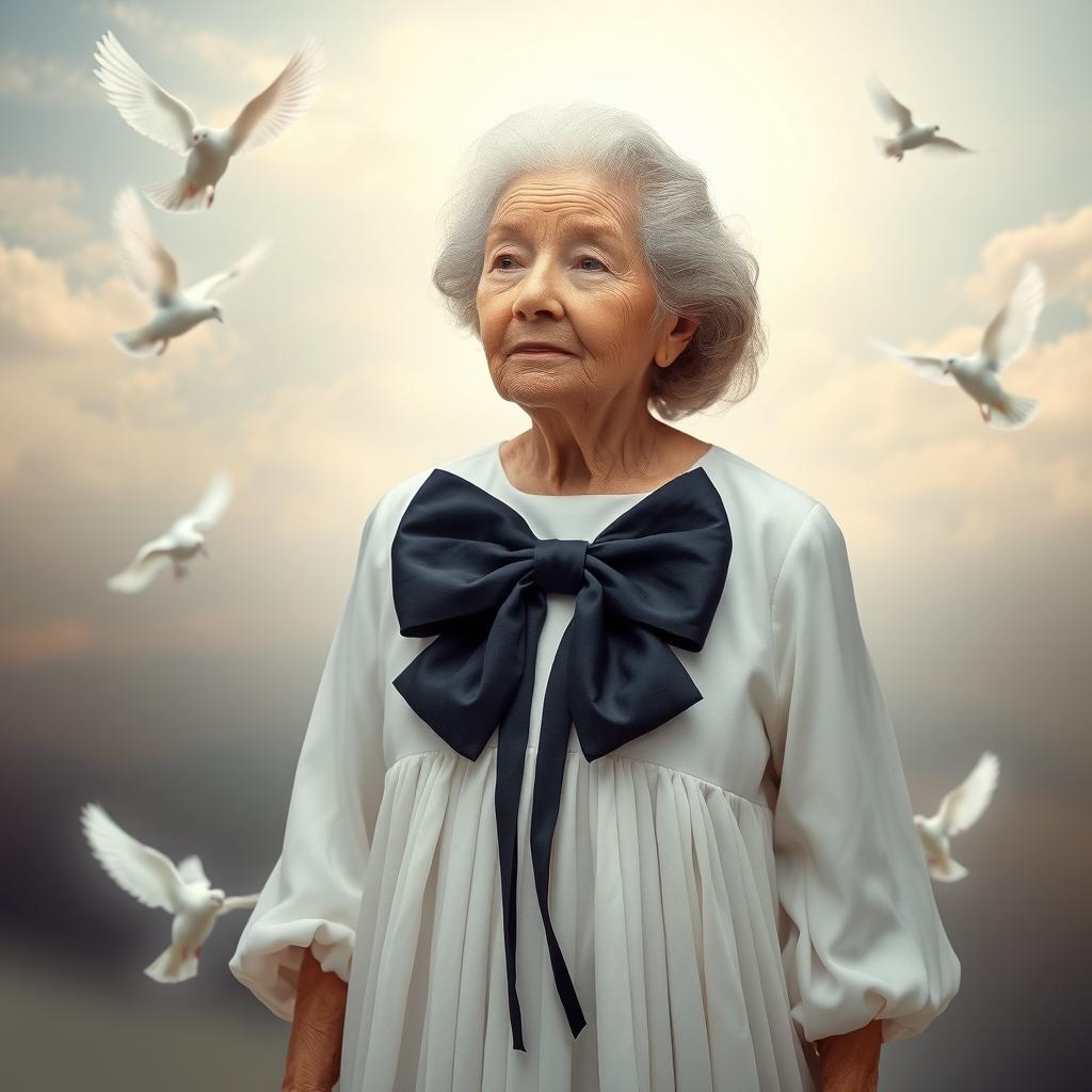 An elderly woman dressed in a flowing white dress, symbolizing purity and serenity
