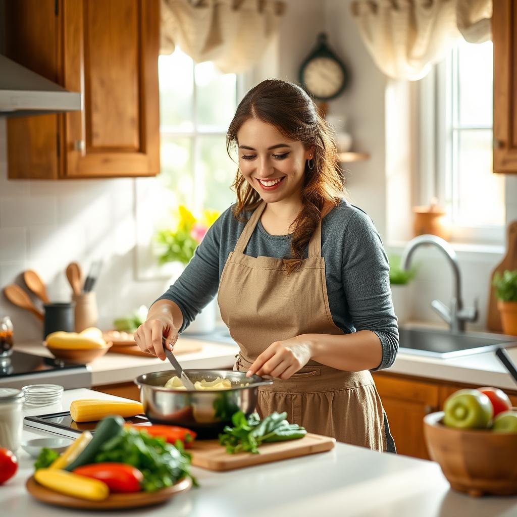 A beautiful housewife cooking in a cozy and charming kitchen